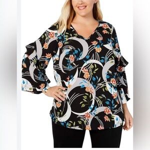 Alfani Black Floral Ruffle Sleeve Blouse
